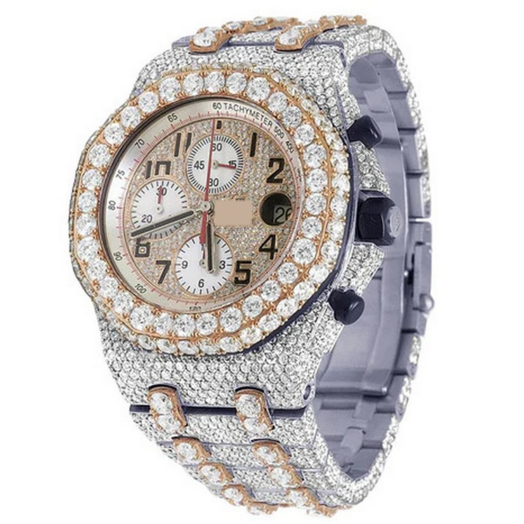 Full Iced Out Moissanite Diamond Men Watch, Stainless Steel All Chronology Working 2 Tone Gold Plated 42 mm Men Watch