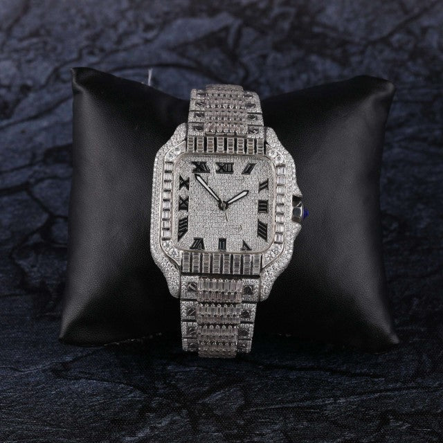 Cartier Santos Round & Baguette Moissanite Iced Out Diamond Men Watch, Stainless Steel White Gold Plated Men Watch