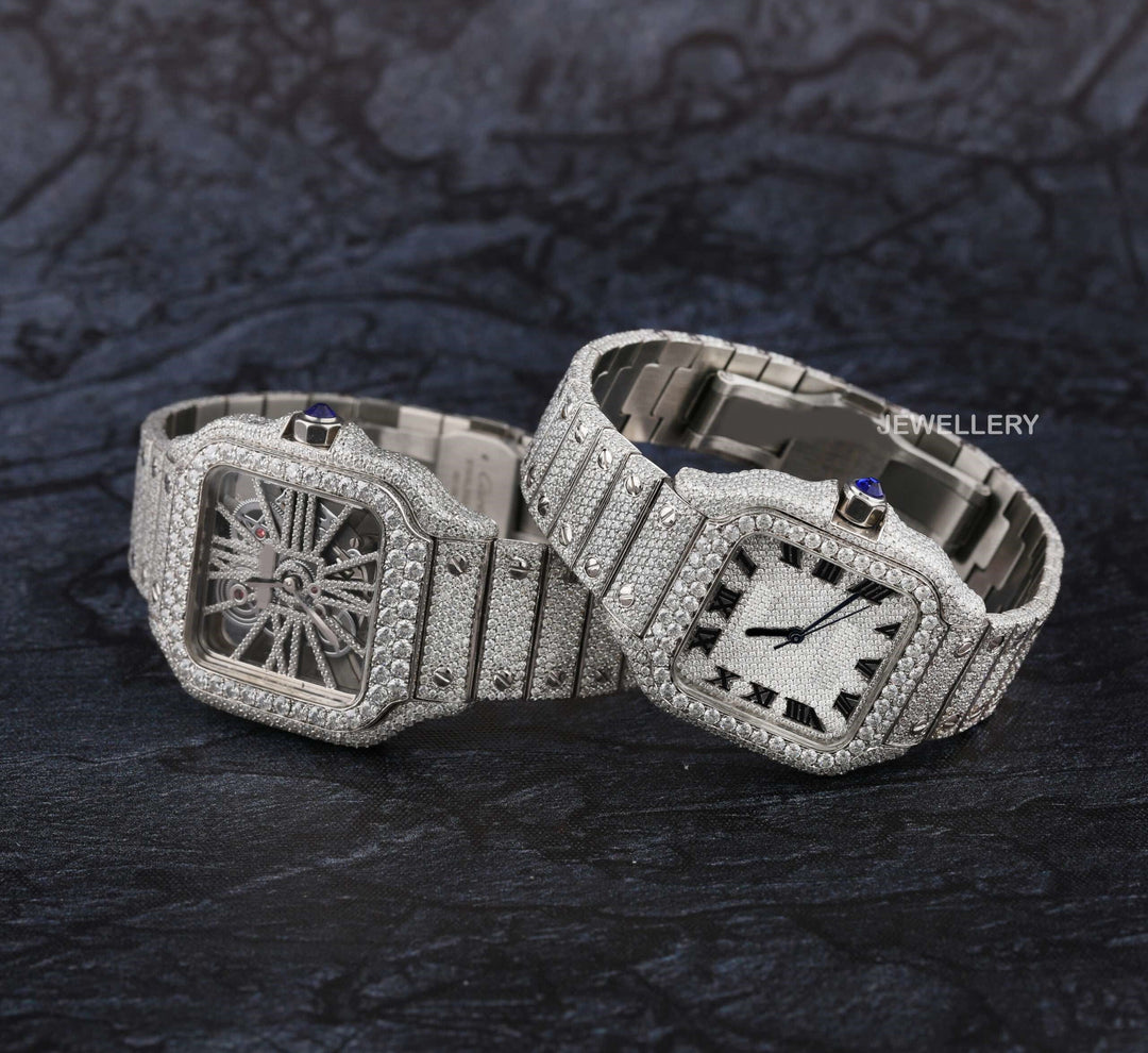 Cartier Skeleton & Santos Moissanite Diamond Men & Weman Watch, Stainless Steel White Gold Plated Watch For Beautyfull Person
