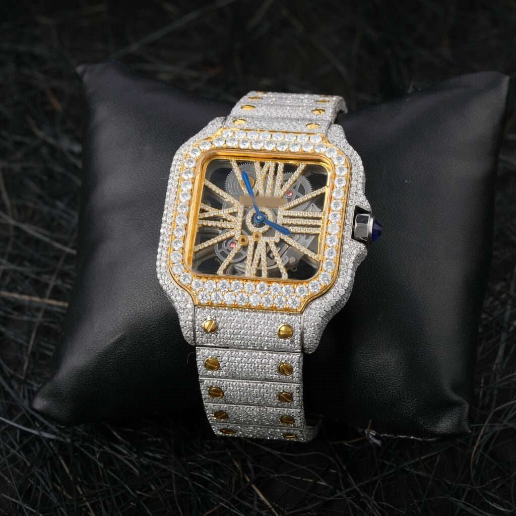 Cartier Santos Skeleton VVS Diamond Full Iced Out Men Watch, Stainless Steel White & Yellow Gold Plated Men Watch