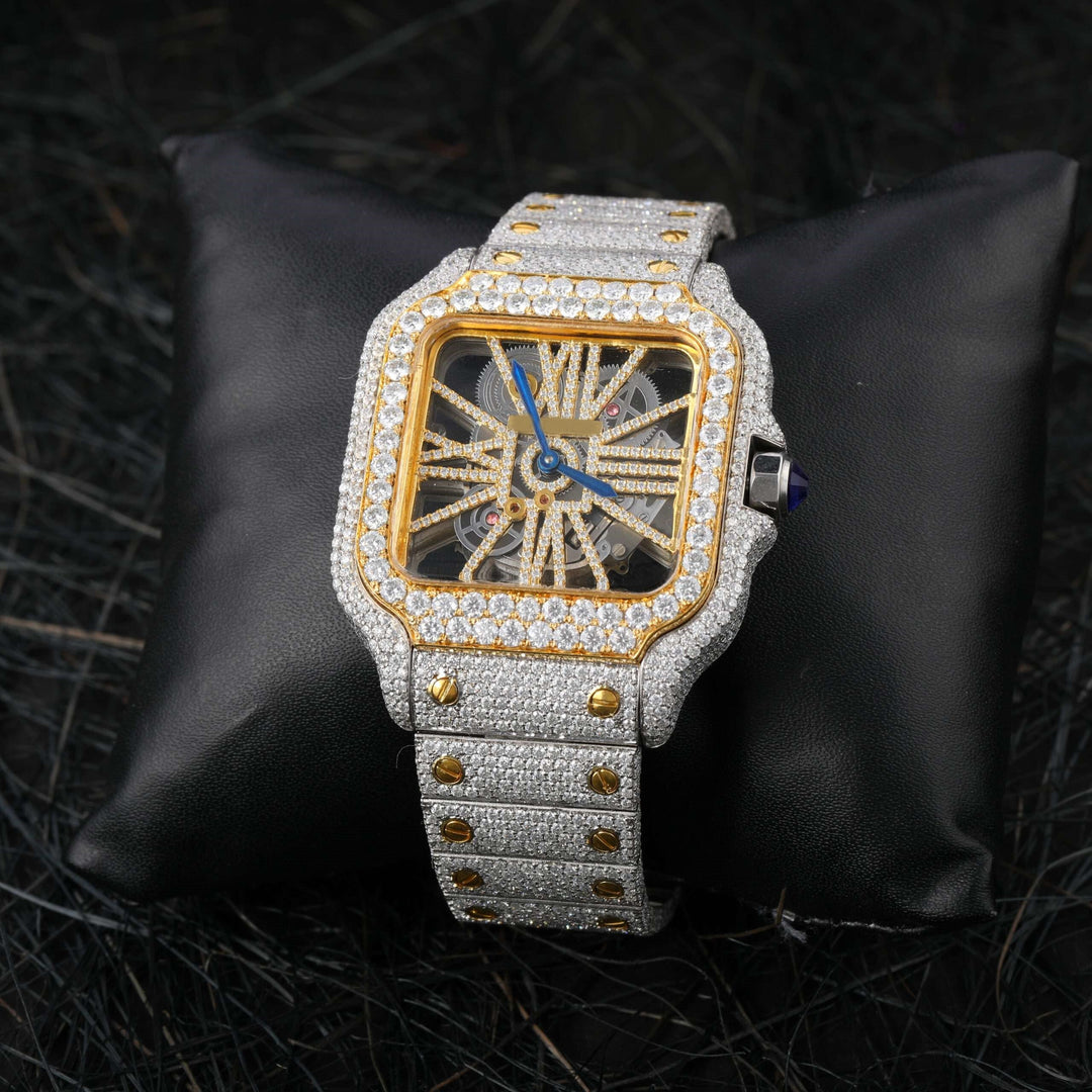 Cartier Santos Skeleton Moissanite Diamond Full Iced Out Men Watch, Stainless Steel White & Yellow Gold Plated Men Watch For Birthday Gift
