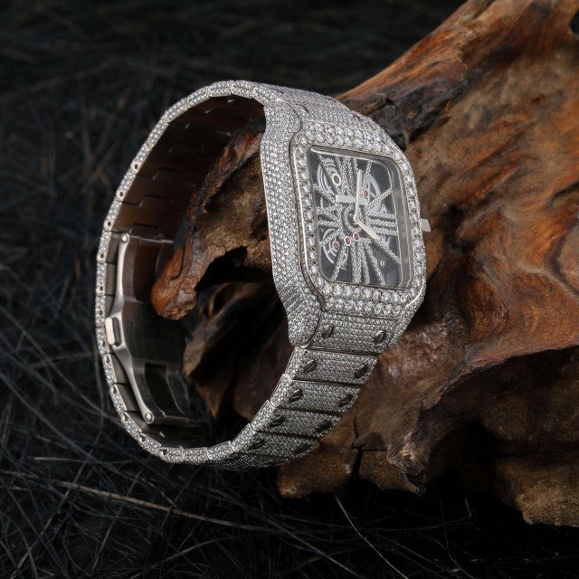 Cartier Skeleton Moissanite Diamond Men Watch, Stainless Steel White Gold Plated Men Watch