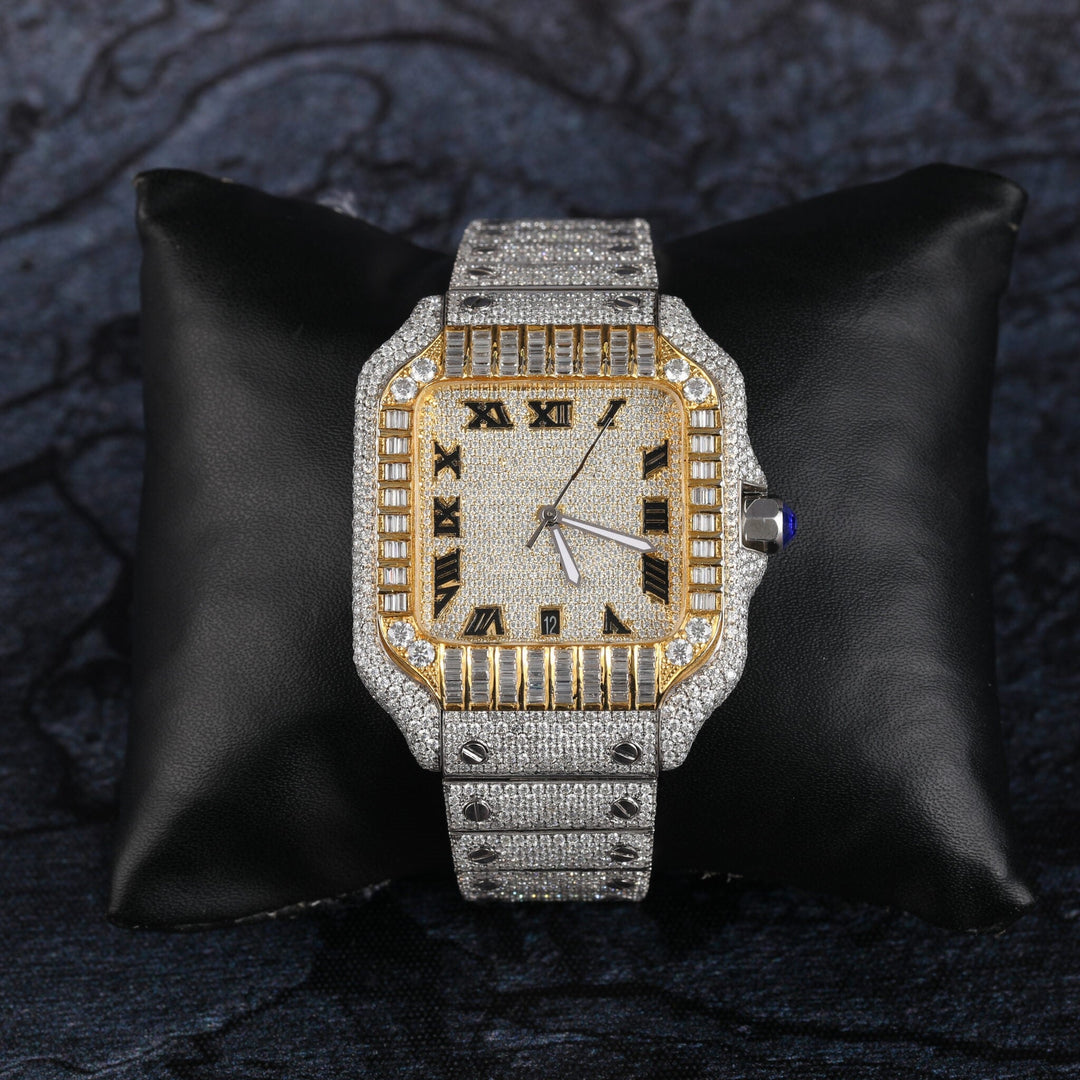 Cartier Santos Skeleton Moissanite Diamond Full Iced Out Men Watch, Stainless Steel White & Ross Gold Arbic Plated Men Watch For Birthday Gift