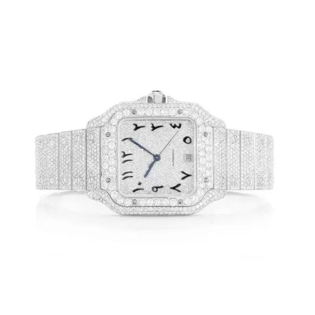 Cartier Santos VVS Diamond Men Watch, Stainless Steel White Gold Plated Arabic Men Watch