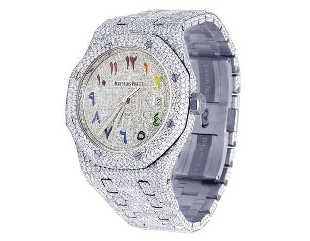 Full Iced Out VVS Diamond Men Watch, Stainless Steel White Gold Plated Arabic Font 42mm Men Watch