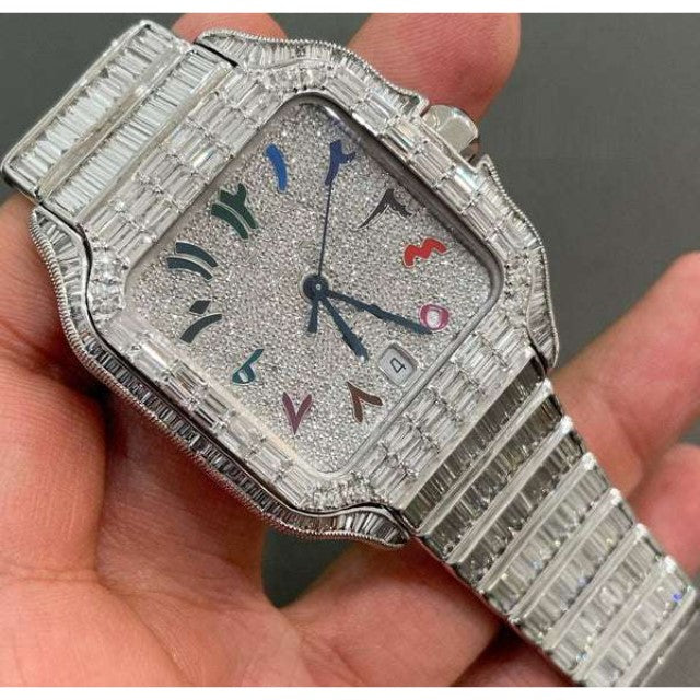 Cartier Santos Round & Baguette VVS Diamond Men Watch, Stainless Steel White Gold Plated Men Watch