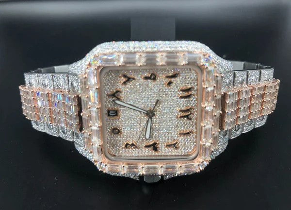 Cartier Santos Round & Baguette VVS Diamond Men Watch, Stainless Steel White Gold Plated men watch