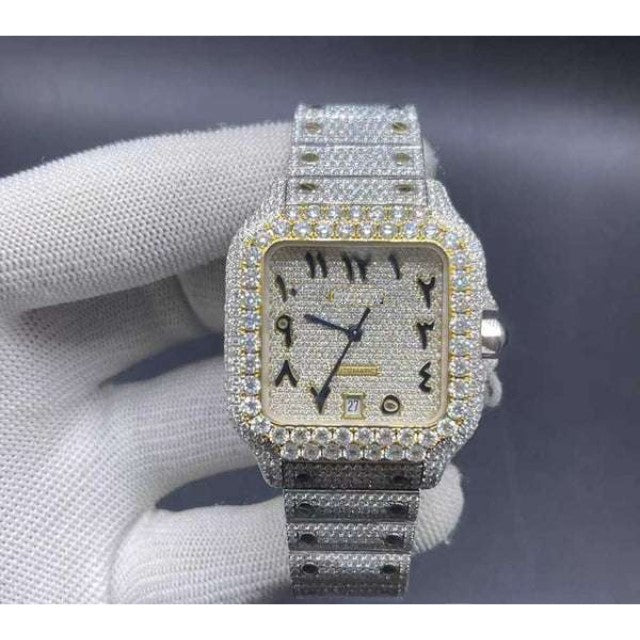 Cartier Santos VVS Diamond Men Watch, Stainless Steel White & Yellow Gold Plated Arabic Men Watch