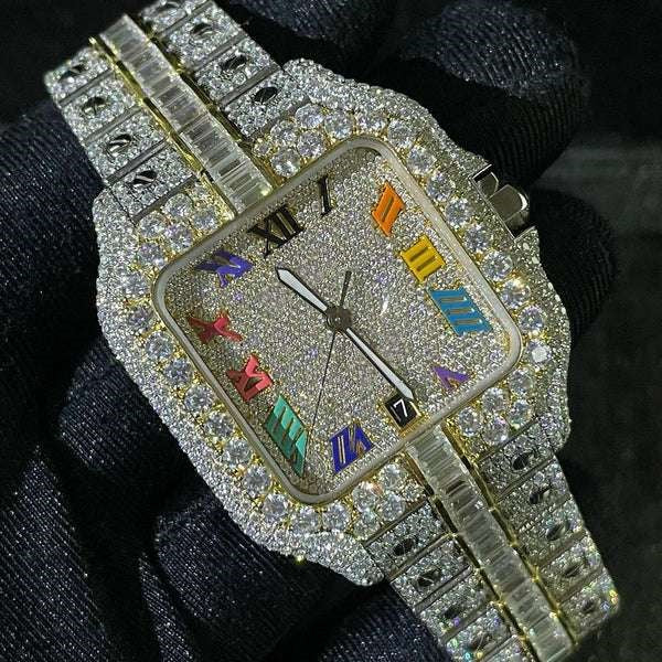 Cartier Santos Round & Baguette VVS Diamond Men Watch, Stainless Steel Gold Plated Men Watch