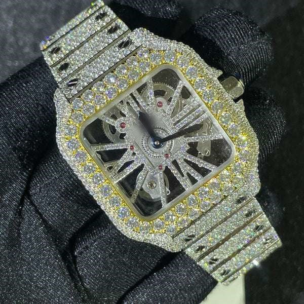 Cartier Skeleton VVS Diamond Men Watch, Stainless Steel White & Yellow Gold Plated Men Watch For Birthday Gift
