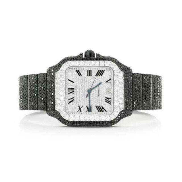 Cartier Santos Black And White VVS Diamond Men Watch, Stainless Steel Black & White Gold Plated Men Watch For Birthday Gift