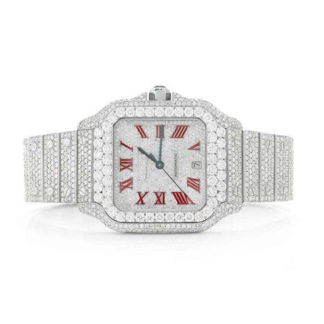 Cartier Santos VVS Diamond Men Watch, Stainless Steel White Gold Plated Men Watch