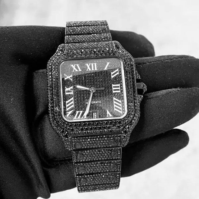 Cartier Santos Black VVS Diamond Men Watch, Stainless Steel Black Gold Plated Men Watch