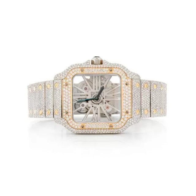 Cartier Santos Skeleton VVS Diamond Men Watch, Stainless Steel White Gold Plated Men Watch