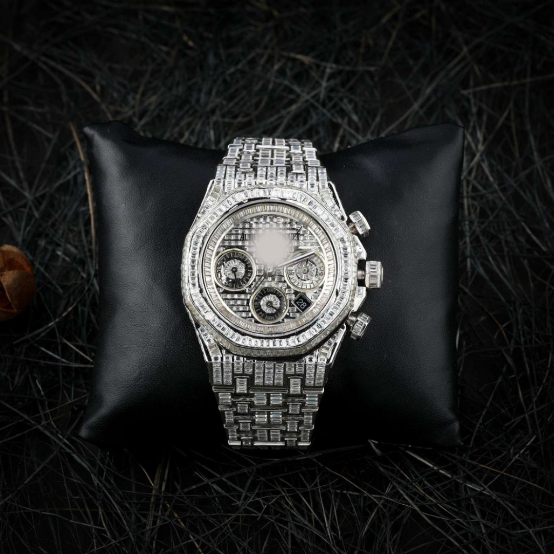 Full Iced Out Moissanite Baguette Diamond Men Watch, Stainless Steel All Chronology Working White Gold Plated 42mm Men Watch