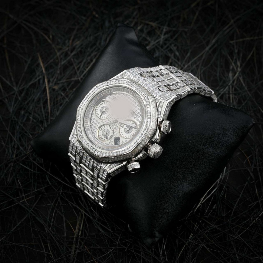 Full Iced Out Moissanite Baguette Diamond Men Watch, Stainless Steel All Chronology Working White Gold Plated 42mm Men Watch