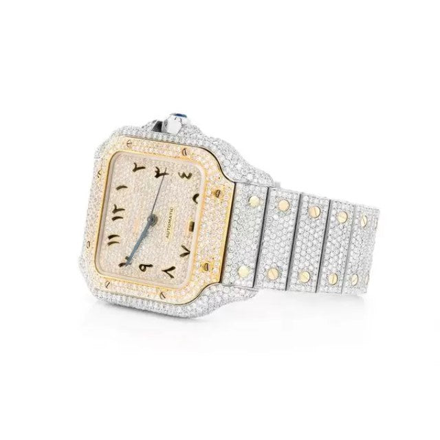 Cartier Santos VVS Diamond Men Watch, Stainless Steel White & Yellow Gold Plated Arabic Men Watch