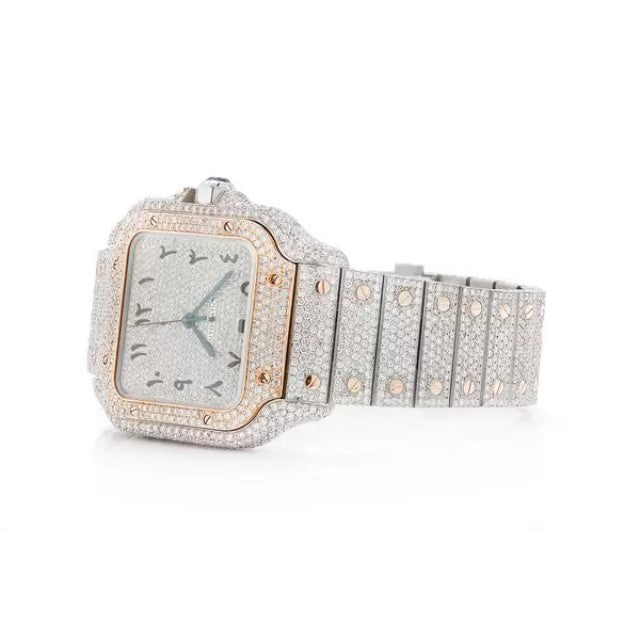 Cartier Santos VVS Diamond Men Watch, Stainless Steel White & Rose Gold Plated Arabic Men Watch