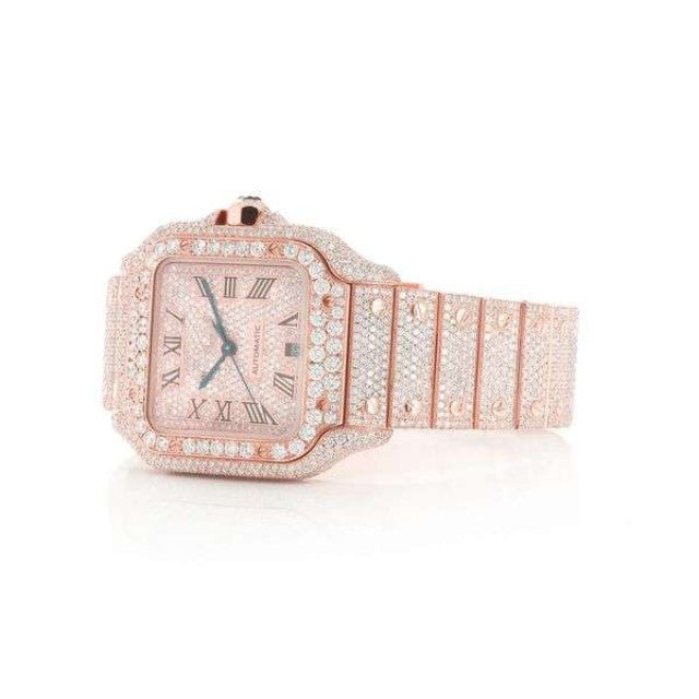 Cartier Santos VVS Diamond Men Watch, Stainless Steel Rose Gold Plated Men Watch
