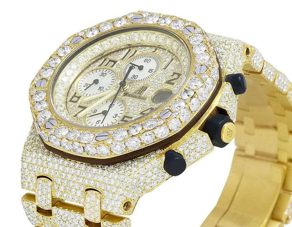 Full Iced Out VVS Diamond Men Watch, Stainless Steel Yellow Gold Plated All Chronograph Working 42mm Men Watch
