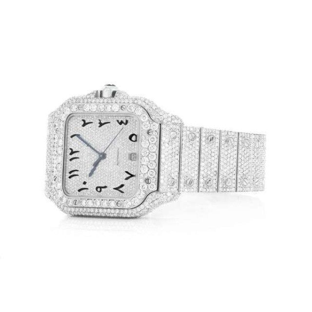 Cartier Santos VVS Diamond Men Watch, Stainless Steel White Gold Plated Arabic Men Watch