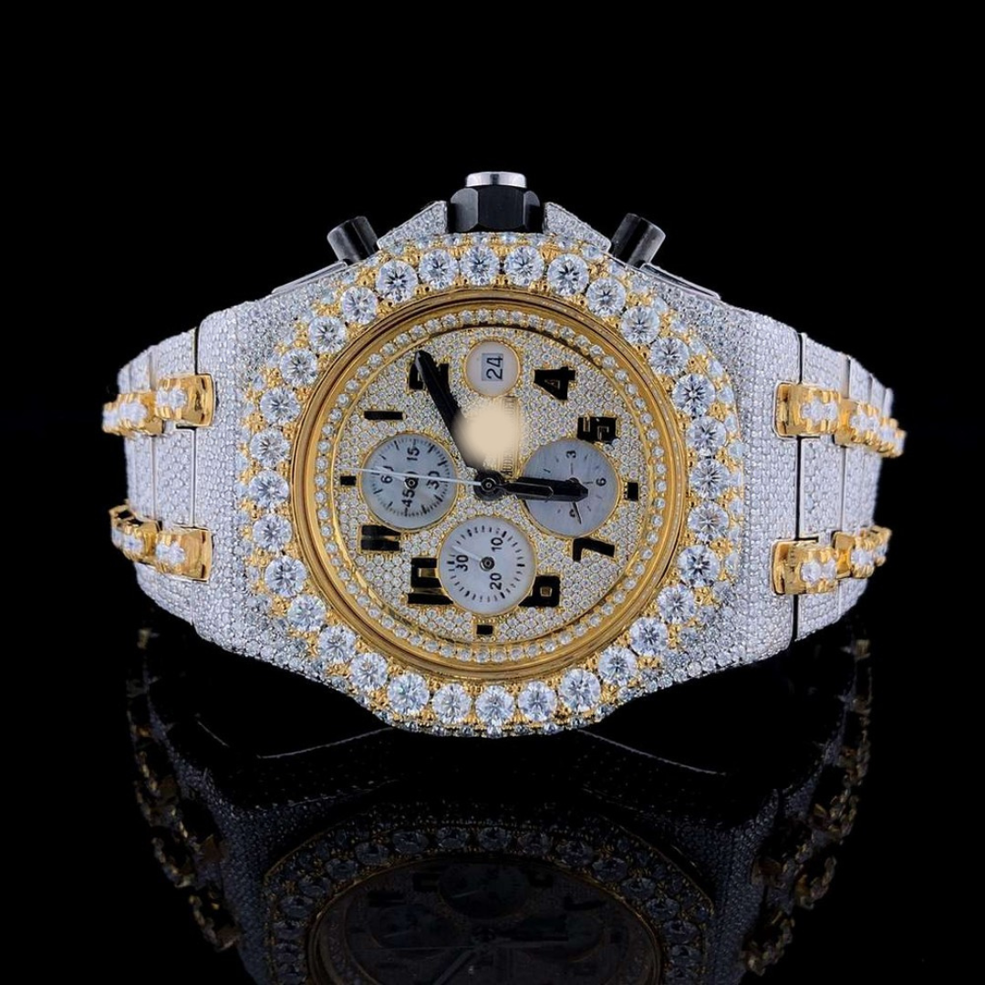 Full Iced Out Moissanite Diamond Men Watch, Stainless Steel All Chronology Working 2 Tone Gold Plated 42 mm Men Watch