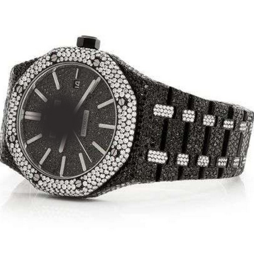 Full Iced Out Black And White VVS Diamond Men Watch, Stainless Steel Black Gold Plated 42mm Men Watch