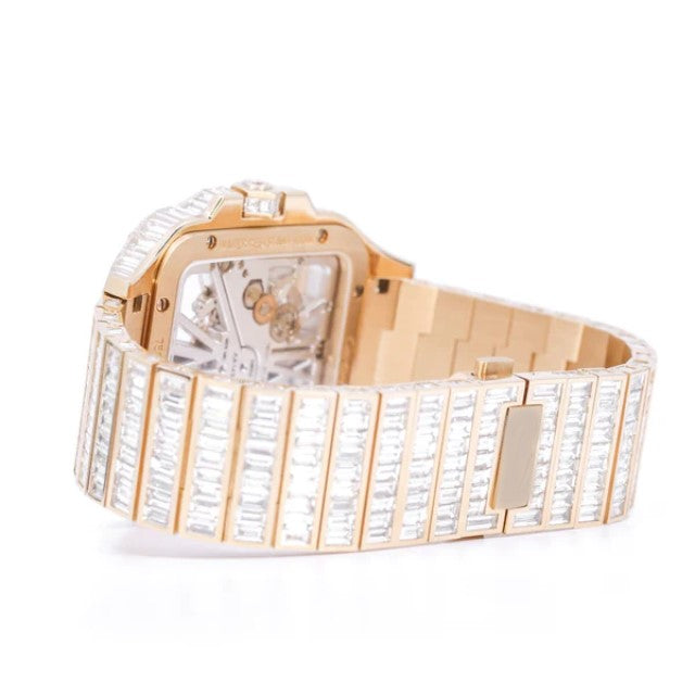 Cartier Skeleton Baguette VVS Diamond Men Watch, Stainless Steel Rose Gold Plated Men Watch