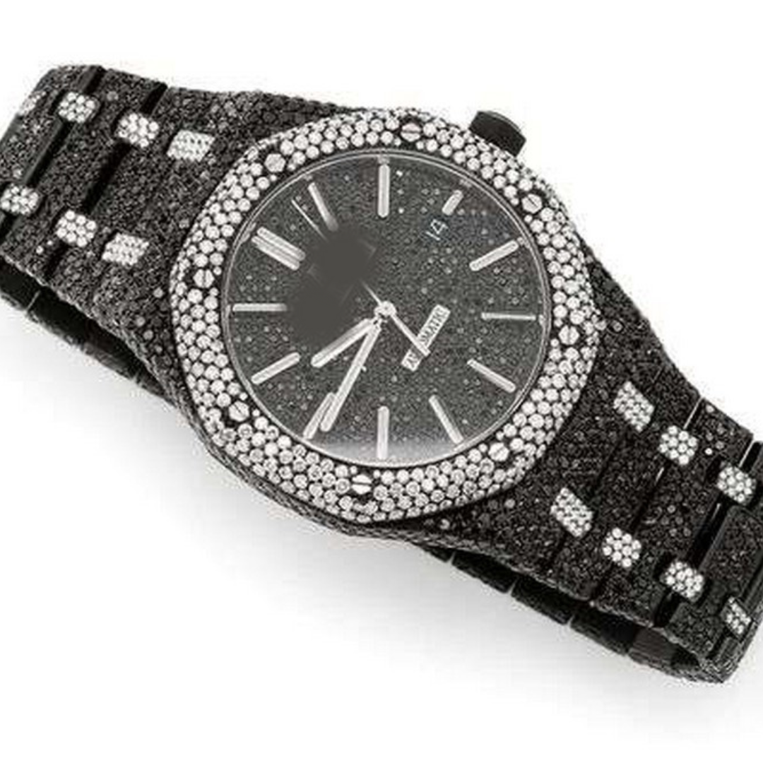 Full Iced Out Black And White VVS Diamond Men Watch, Stainless Steel Black Gold Plated 42mm Men Watch