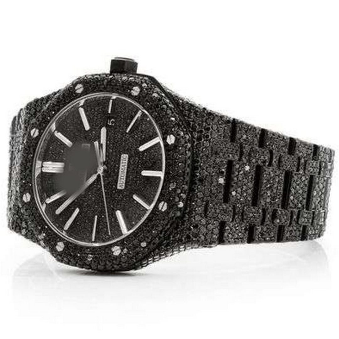Full Iced Out Black VVS Diamond Men Watch, Stainless Steel Black Gold Plated 42mm Men Watch