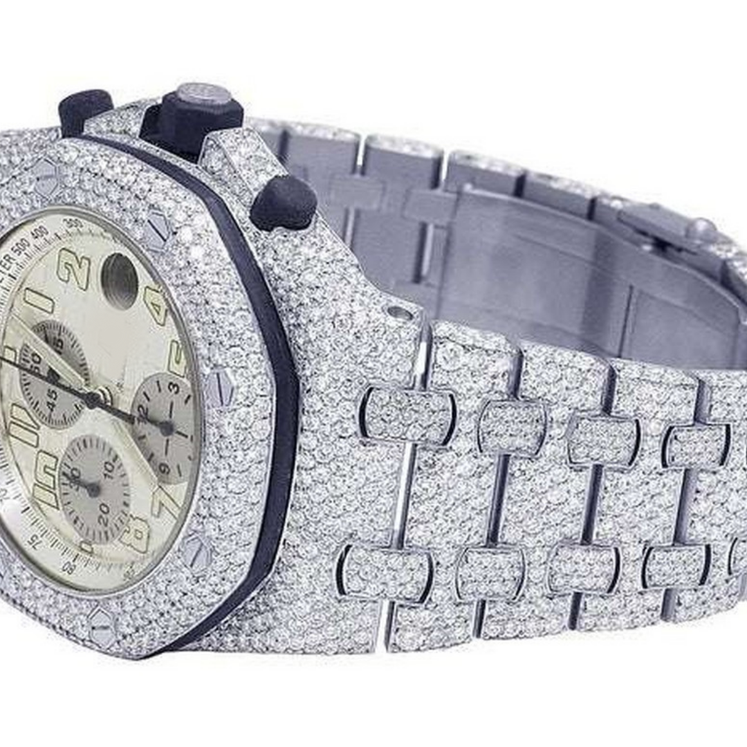 Full Iced Out VVS Diamond Men Watch, Stainless Steel All Chronograph Working White Gold Plated 42mm Men Watch