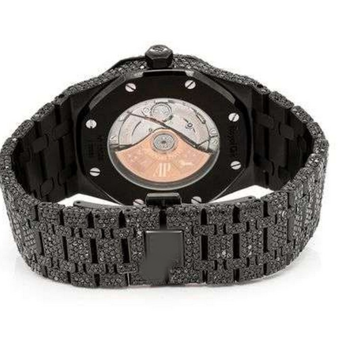 Full Iced Out Black VVS Diamond Men Watch, Stainless Steel Black Gold Plated 42mm Men Watch