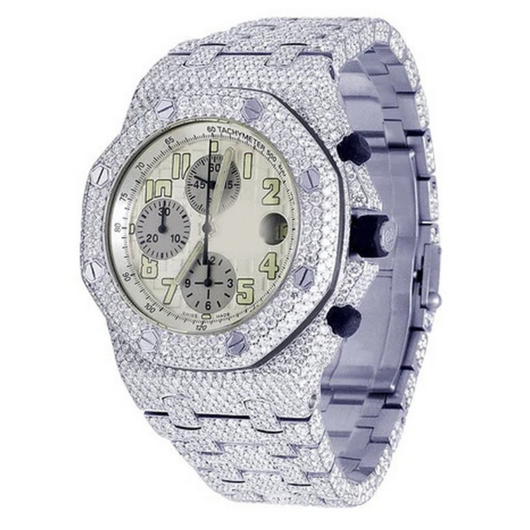 Full Iced Out VVS Diamond Men Watch, Stainless Steel All Chronograph Working White Gold Plated 42mm Men Watch