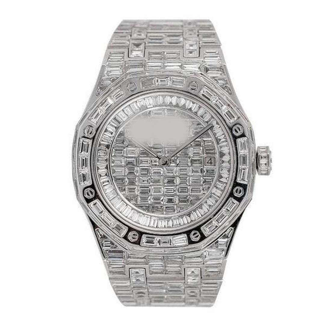 Full Iced Out VVS Baguette Diamond Men Watch, Stainless Steel White Gold Plated 42mm Men Watch