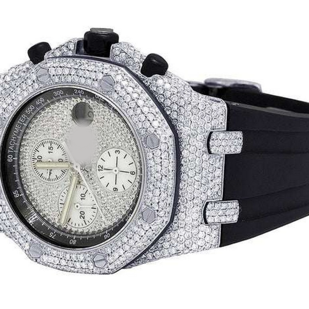 Full Iced Out VVS Diamond Men Watch, Black Silicon Band All Chronology Working 42mm Men Watch