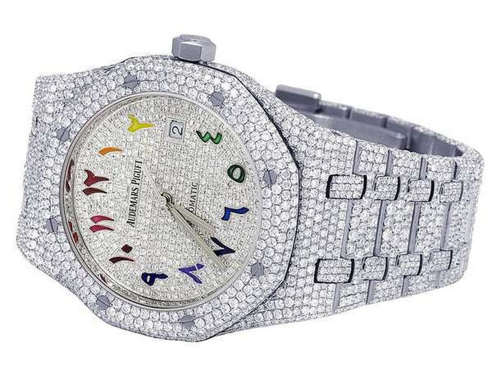 Full Iced Out VVS Diamond Men Watch, Stainless Steel White Gold Plated Arabic Font 42mm Men Watch