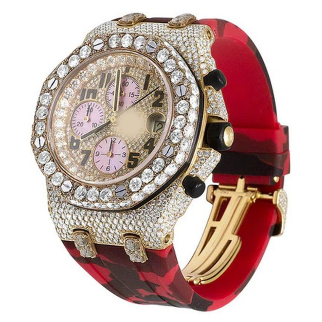 Full Iced Out VVS Diamond Men Watch, Red Army Silicon Band All Chronology Working 42mm Men Watch