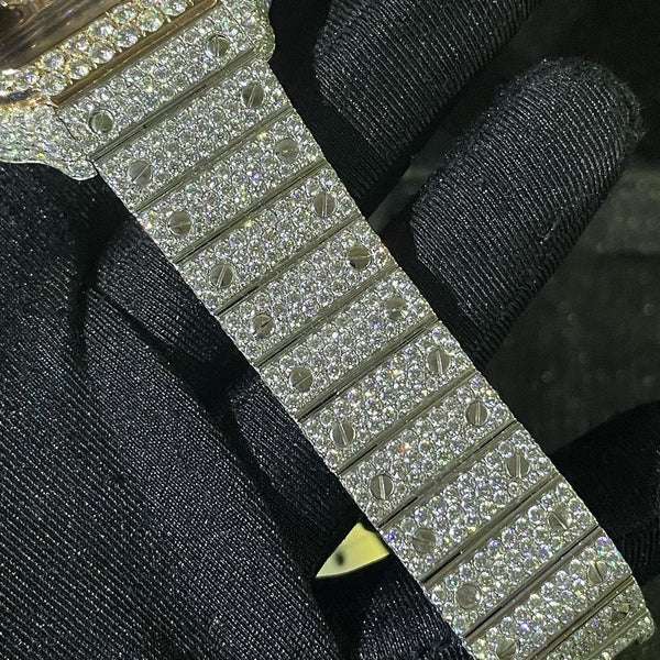 Cartier Santos Skeleton VVS Diamond Men Watch, Stainless Steel White & Rose Gold Plated Men Watch For Birthday Gift