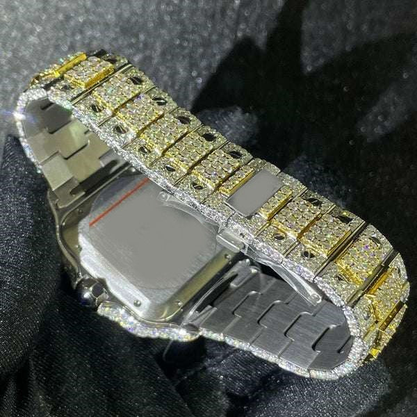 Cartier Santos VVS Diamond Iced Out Men Watch, Stainless Steel 2 Tone Gold Plated Men Watch For Birthday Gift