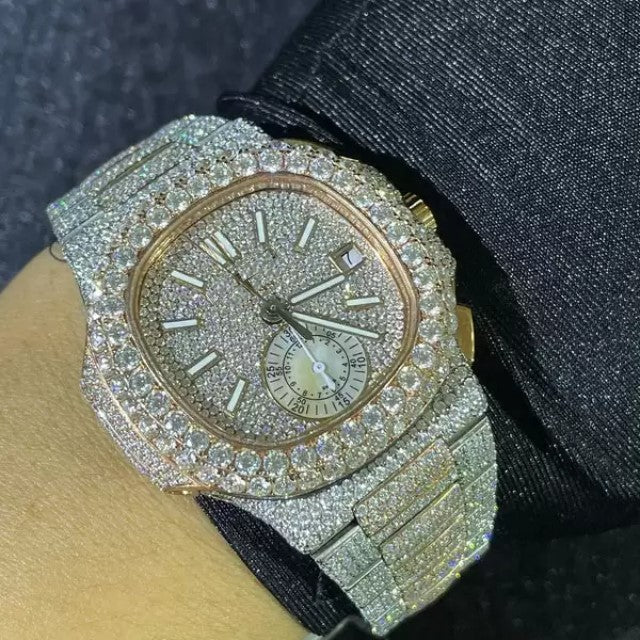 Patek Philippe Geneve Round VVS Diamond Men Automatic Watch, White Gold Plated Men Watch