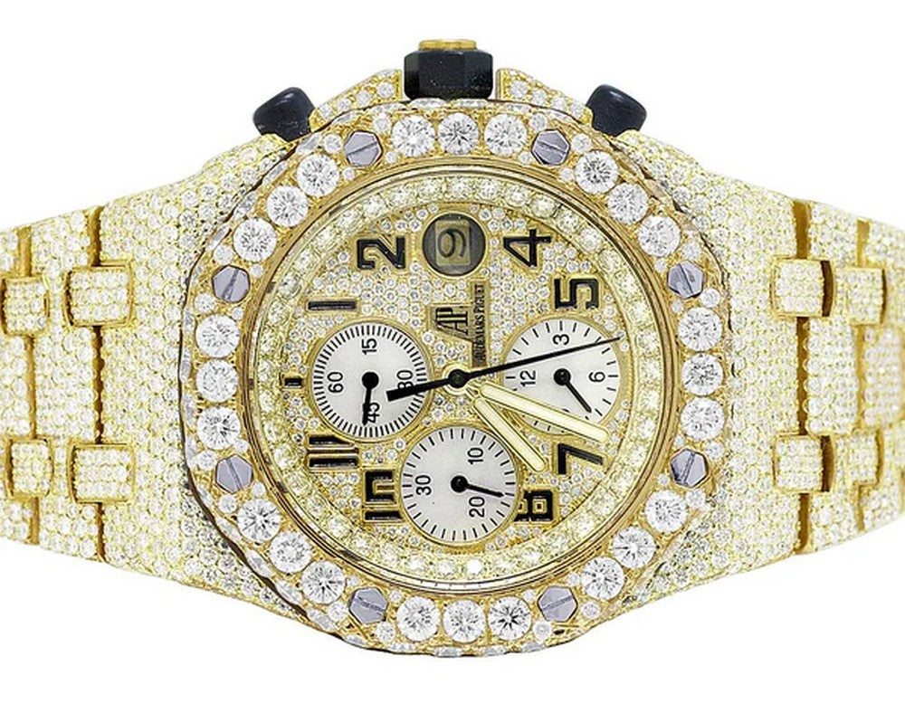 Full Iced Out VVS Diamond Men Watch, Stainless Steel Yellow Gold Plated All Chronograph Working 42mm Men Watch