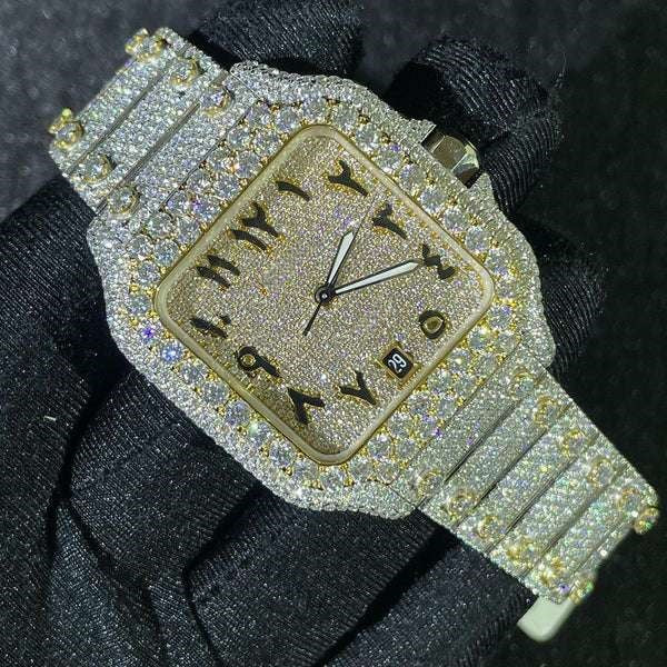 Cartier Santos VVS Diamond Iced Out Men Watch, Stainless Steel 2 Tone Gold Plated Men Watch For Birthday Gift