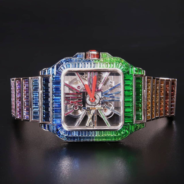 Cartier Skeleton Rainbow Sapphire Diamond Men Watch, Stainless Steel White Gold Plated Men Watch