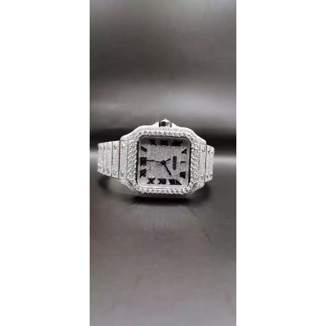 Cartier Santos Eta Mument Moissanite Diamond Men Watch, Stainless Steel White Gold Plated Roman Men Watch