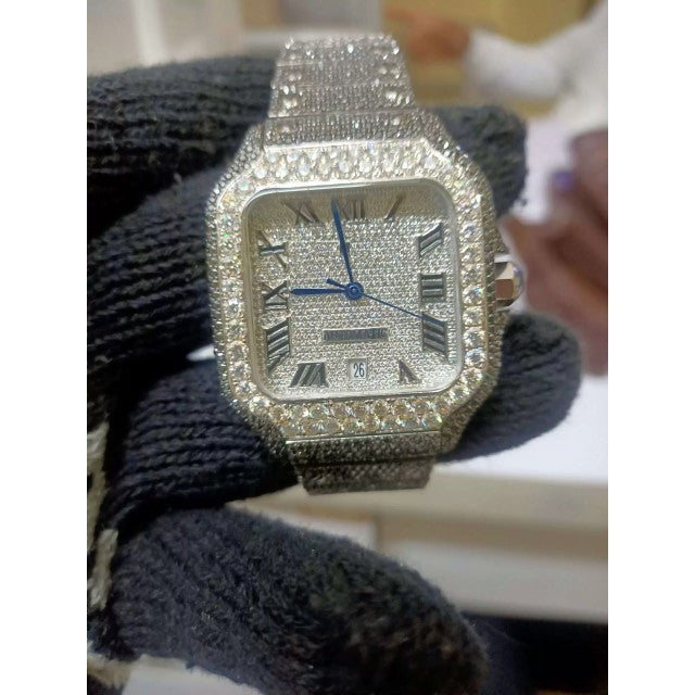 Cartier Moissanite Diamond Men Watch, Round Customized Moissanite Diamond Men Wrist Wantch, Stainless Steel Automatic Diamond Watch