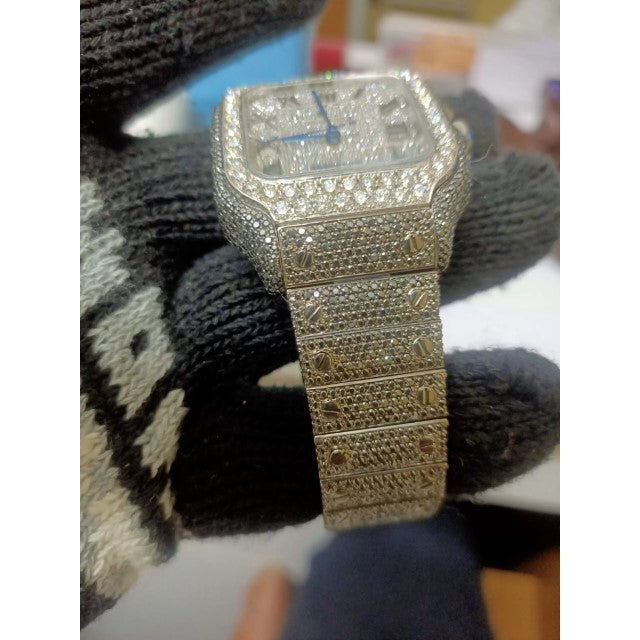 Cartier Moissanite Diamond Men Watch, Round Customized Moissanite Diamond Men Wrist Wantch, Stainless Steel Automatic Diamond Watch