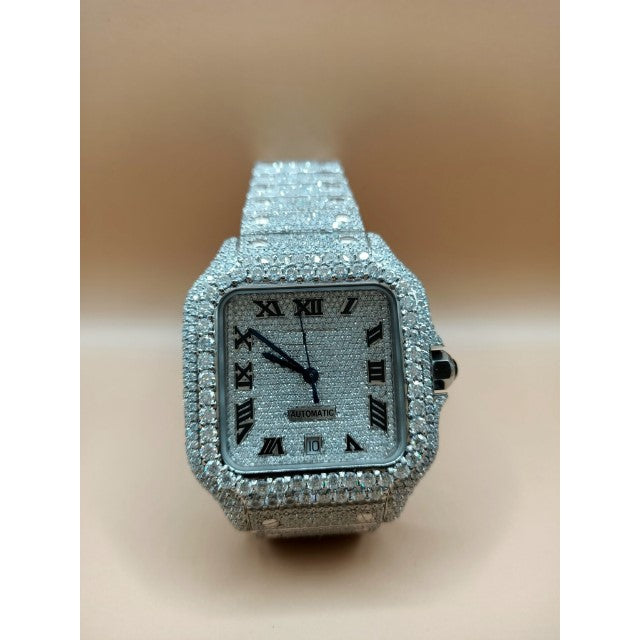 Cartier Santos Eta Mument Moissanite Diamond Men Watch, Stainless Steel White Gold Plated Roman Men Watch