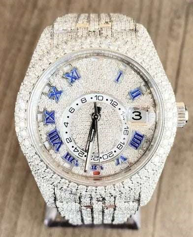 Rolex Sky Dweller Stainless Steel White VVS Diamond Watch, Gold Plated VVS Diamond Watch, Diamond Watch Birthday Gift For Him