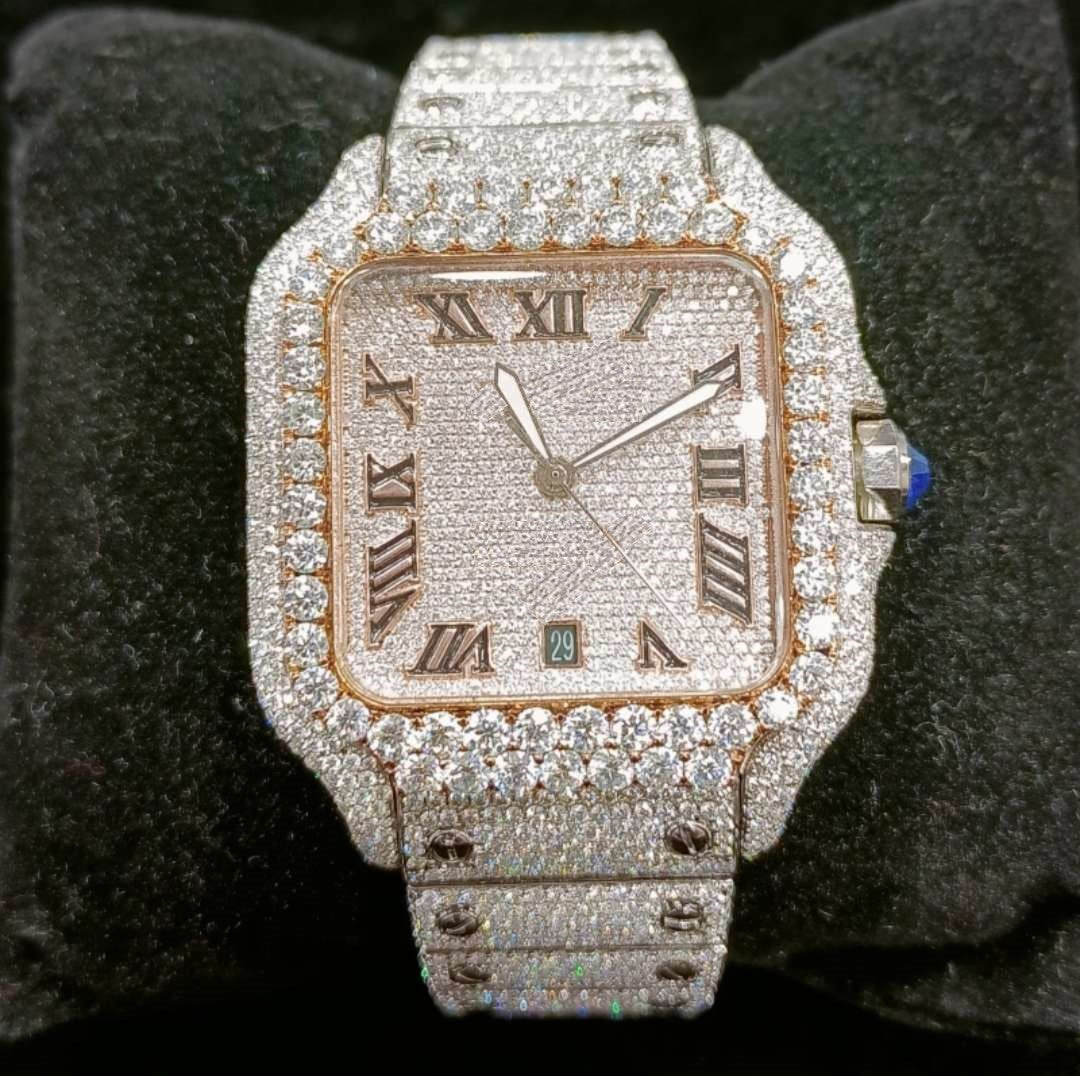 Cartier Santos Moissanite Diamond Men Watch, Stainless Steel 2 Tone Gold Plated Men Watch For Birthday Gift