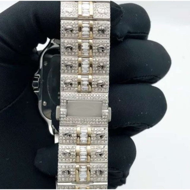 Cartier Santos Round & Prinsees Moissanite Diamond Men Watch, Stainless Steel Gold Plated Men Watch